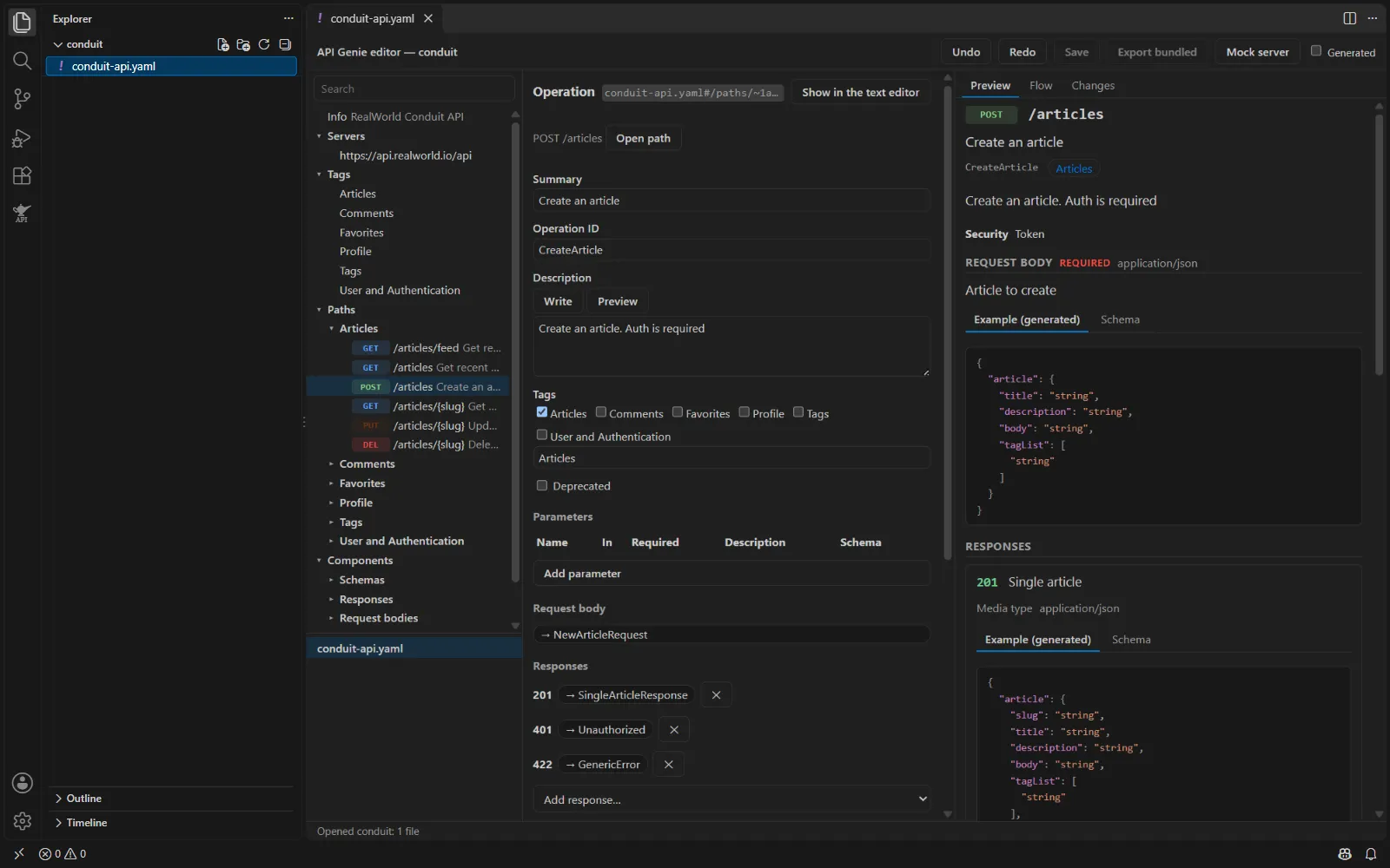 The API Genie editor in VS Code: the operation tree, the form of one operation and the documentation preview