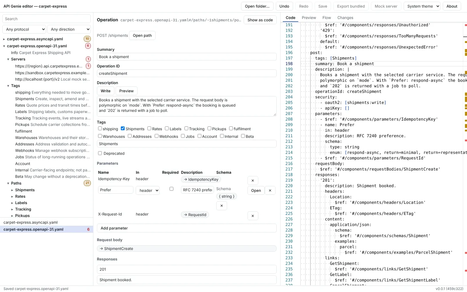 The web editor: the API tree on the left, the form of the operation createShipment in the middle with its summary changed to Book a shipment, and the YAML on the right with the same line changed.