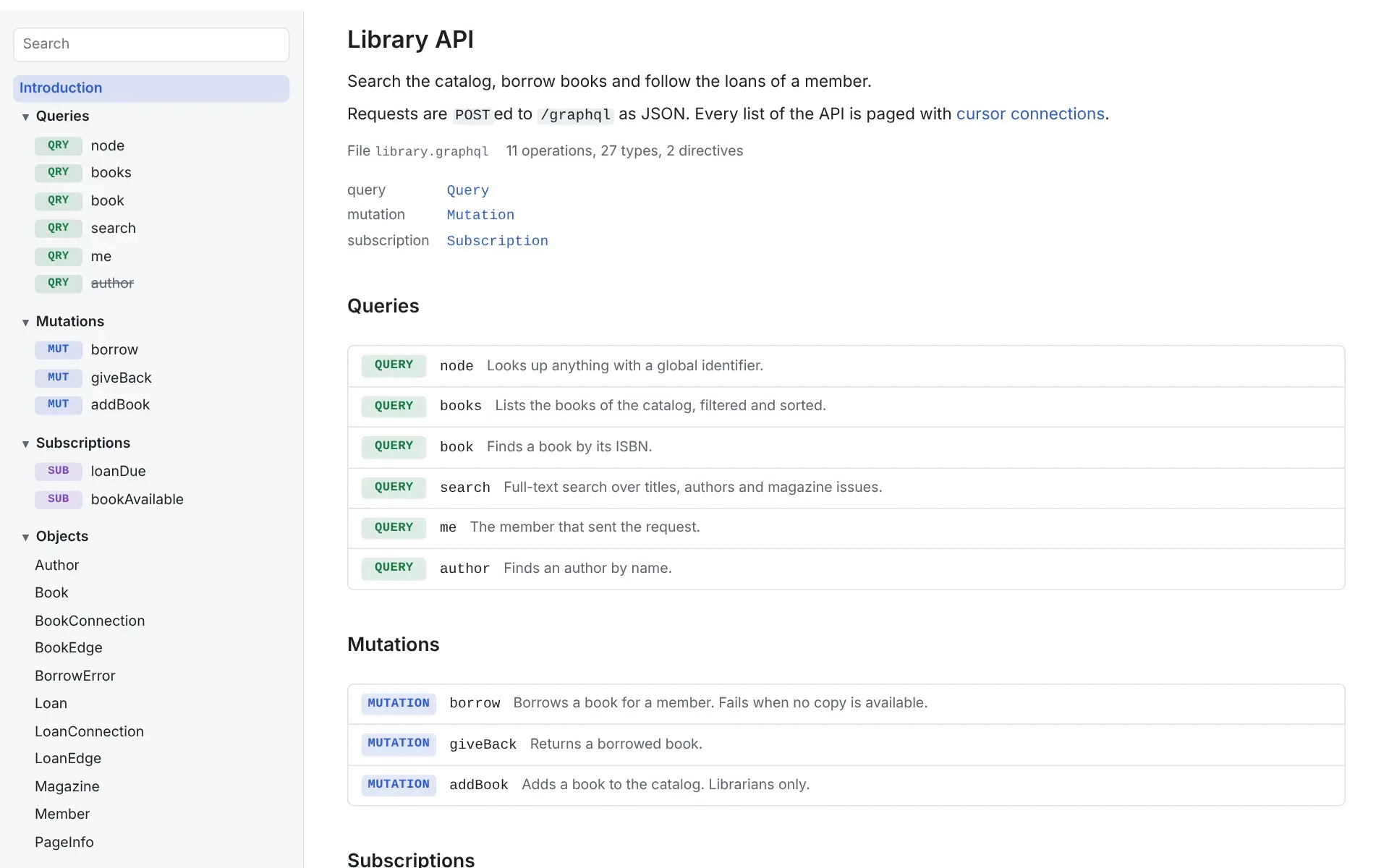 A GraphQL schema rendered by the API Genie web components: queries, mutations and types