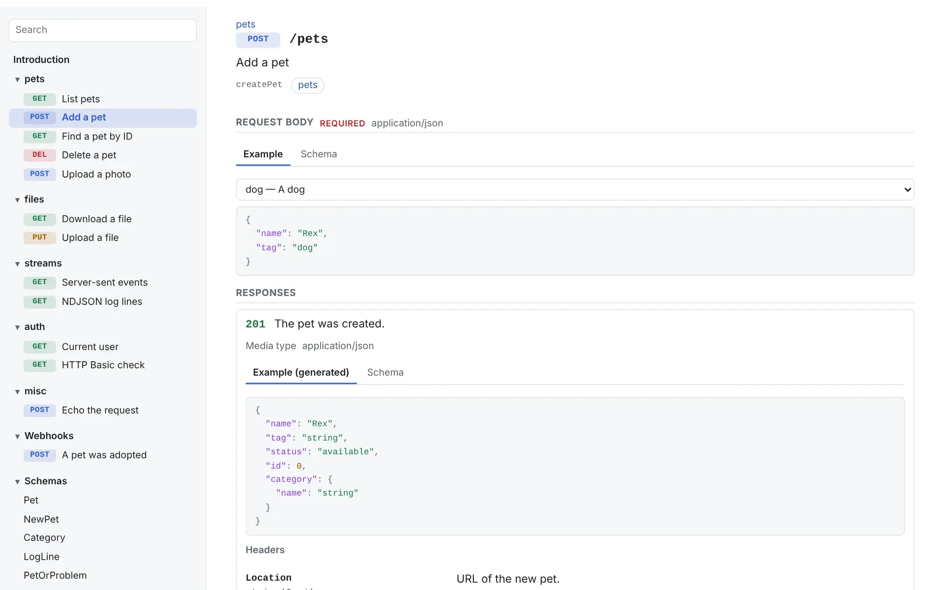 One operation, with the request body example and a generated response example.
