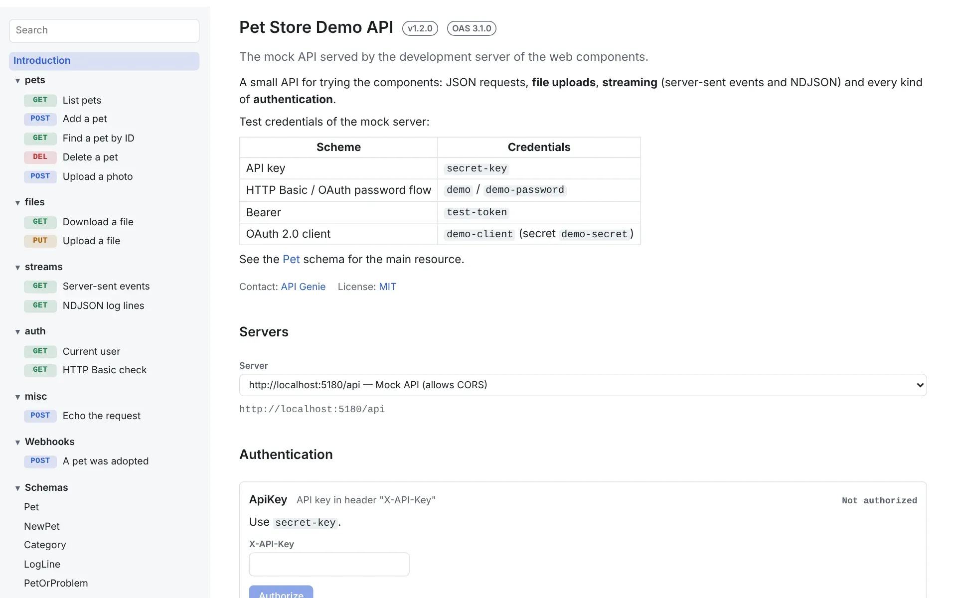 An OpenAPI reference rendered by the API Genie web components, with navigation, servers and authentication
