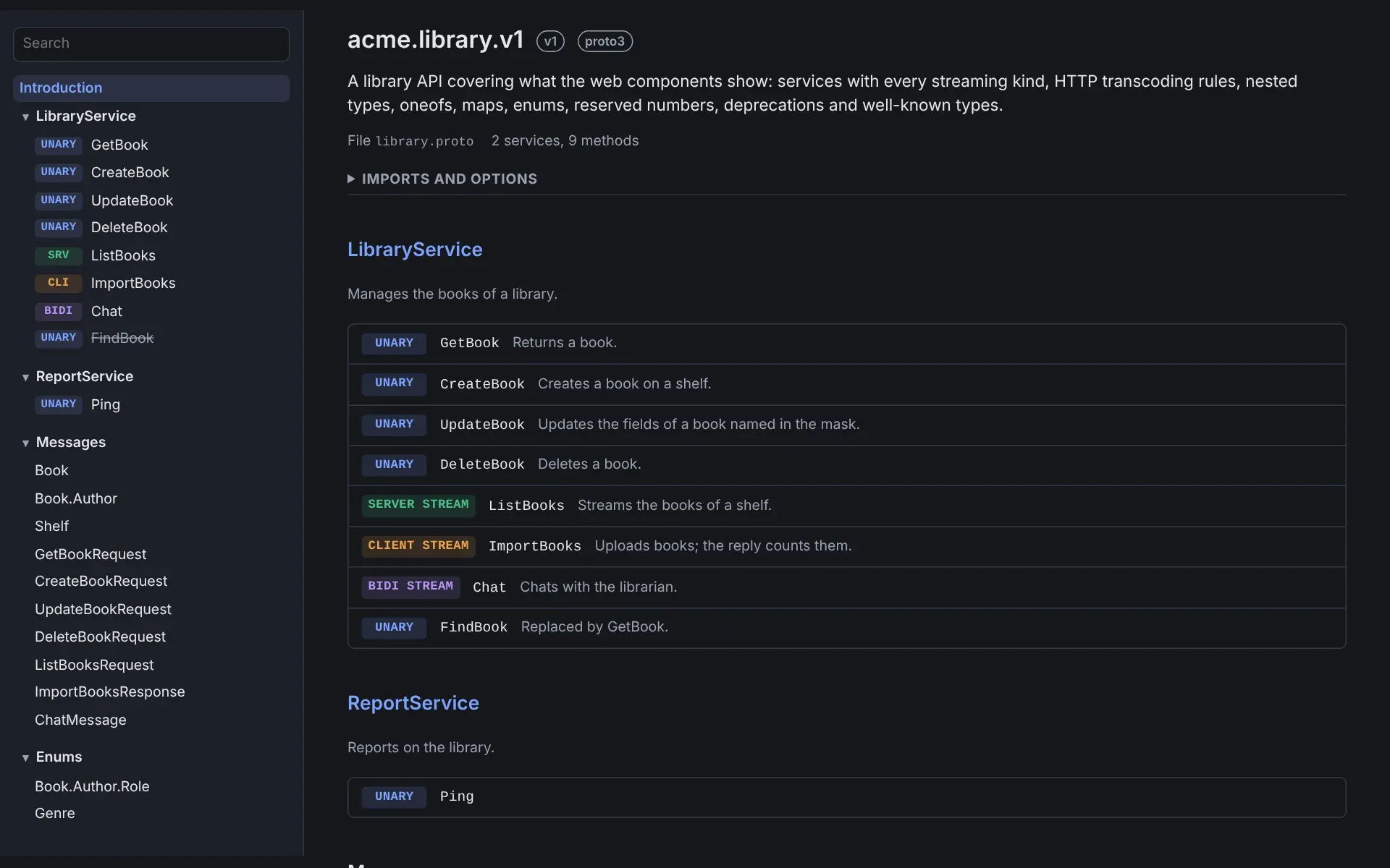 A Protobuf file with gRPC services and every streaming kind, in the dark theme.